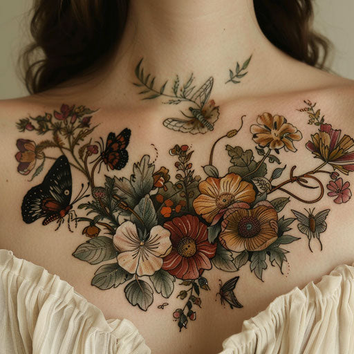 Botanical chest tattoo with flowers and butterflies