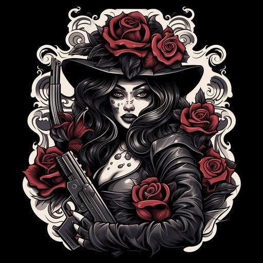 Black gun woman with roses