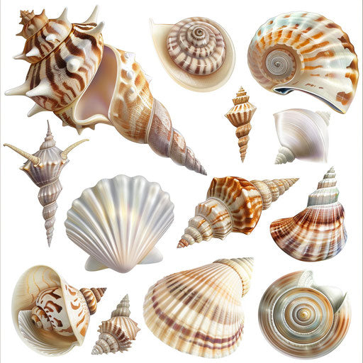 Shells clipart in a photo realistic style on flat white background