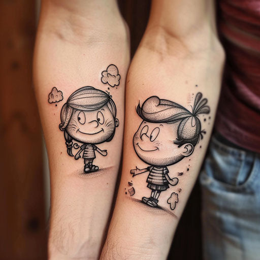 Brother and sister tattoos with cartoon character