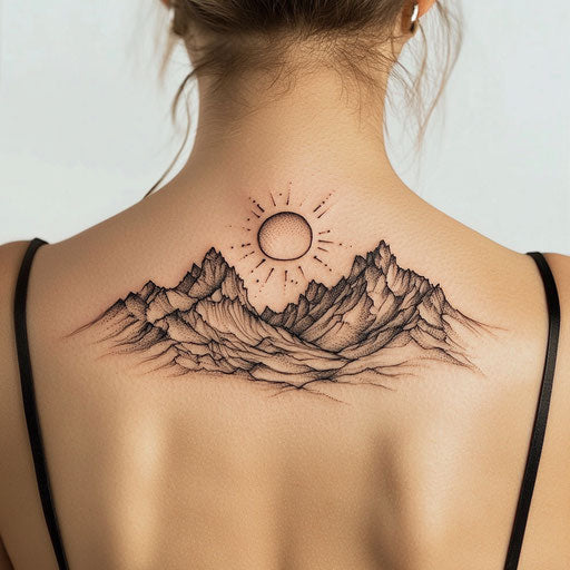 Minimalist clipart back shoulder tattoo with mountains