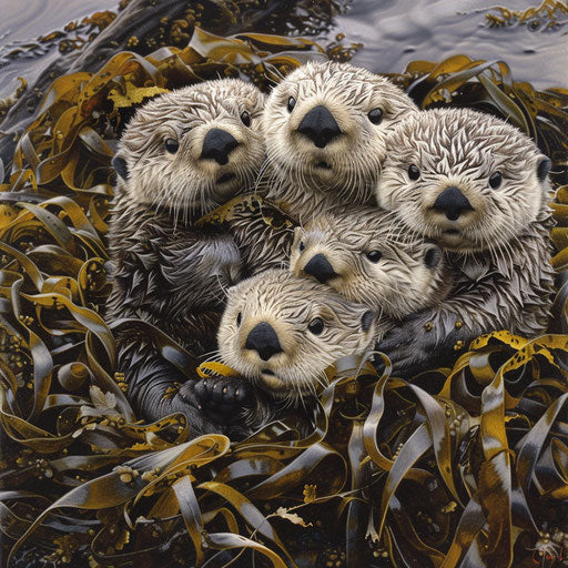 Family of sea otters in a bed of seaweed, impact on marine biodiversity