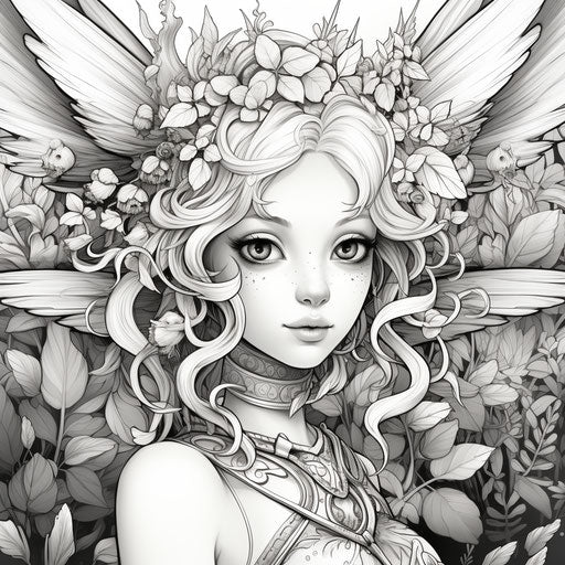 Cartoon fairy coloring in intricate foliage style