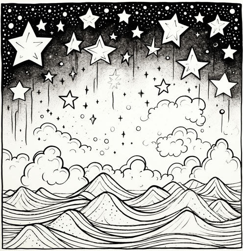 Black stars on white background, whimsical illustration style