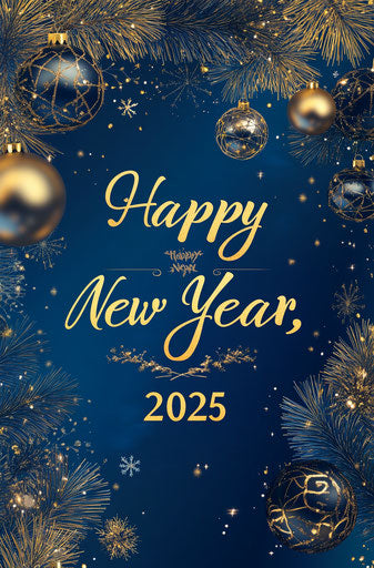 Happy New Year 2025, blue and gold festive design