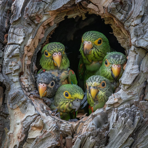 A family of swift parrots in their natural habitat, with chicks peeking out of a tree hollow.