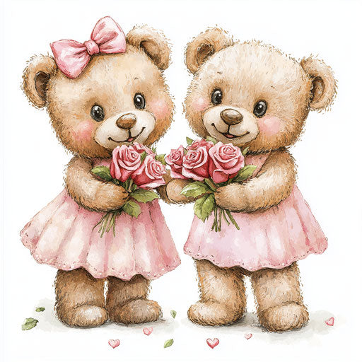 Adorable bear pair with roses, pink dress clipart