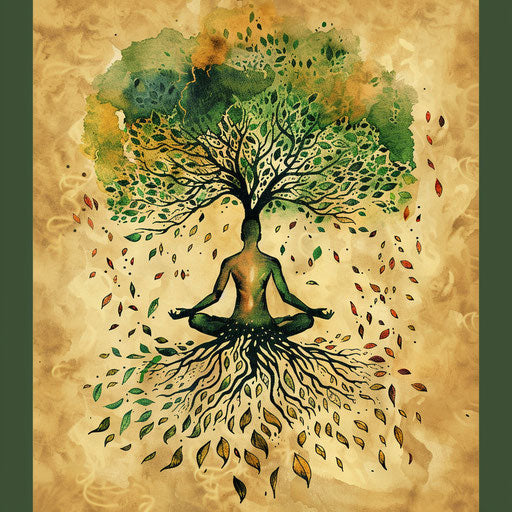 Vibrant tattoo sketch of a tree pose with gently falling leaves