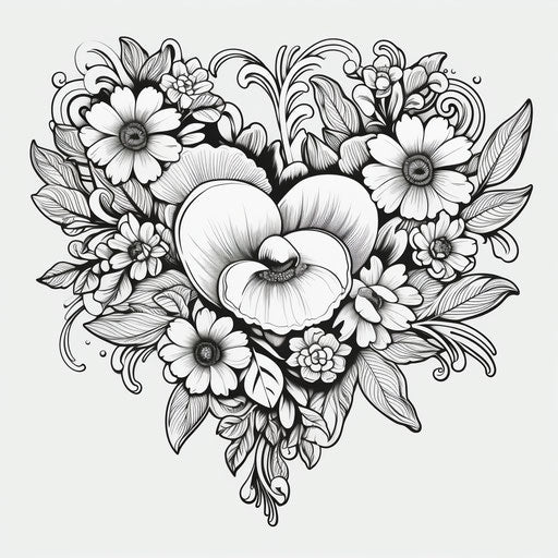 Adult coloring book pages, hearts, floral style