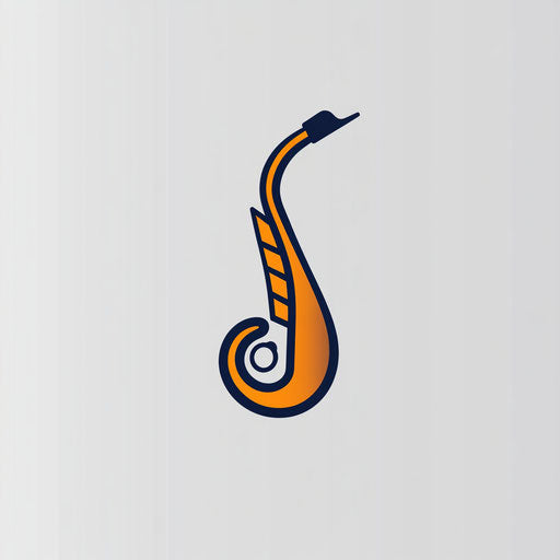 Minimalist music logo with a sleek saxophone outline and refined typography, in a vibrant orange and navy blue color palette, isolated on a flat light gray background.