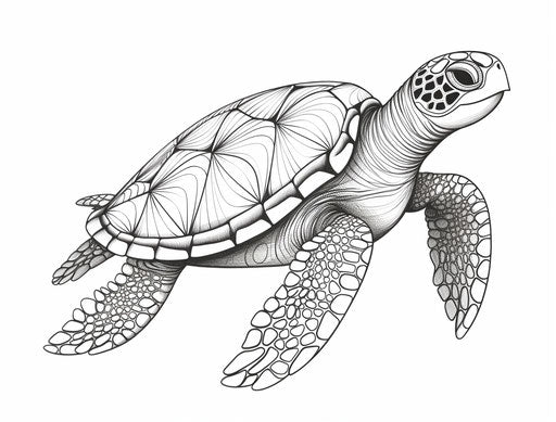 Black and white illustration of a sea turtle, in the style of intricate, simplistic vector art