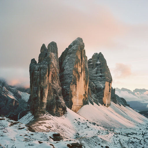 Snowy mountain peaks, winter dawn, vivid colors