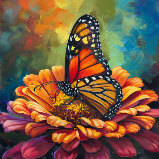 Close encounter with a monarch butterfly on the vibrant, multi-colored petals of a zinnia flower