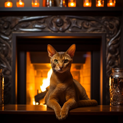 Abyssinian cat in front of a fire in a fireplace