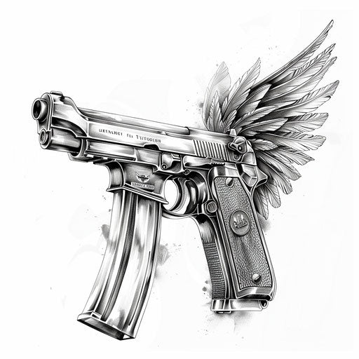 Angelic weapon with wings, monochrome tattoo on white
