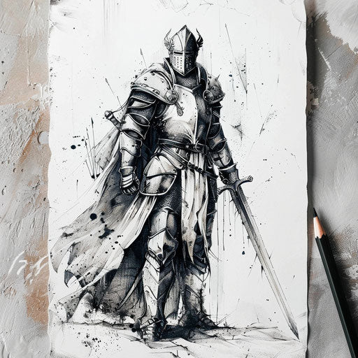Medieval knight in armor with a sword in minimalist style