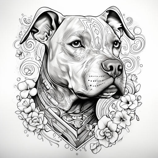 Black and white pit bull coloring page, chicano style