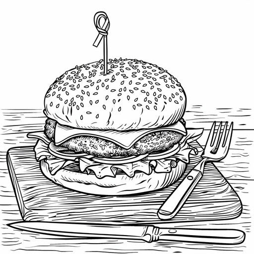 Burger on cutting board, knife and fork, coloring book page