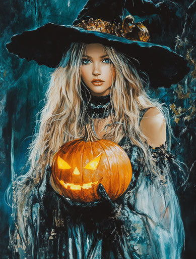 Witch holding a glowing orange pumpkin
