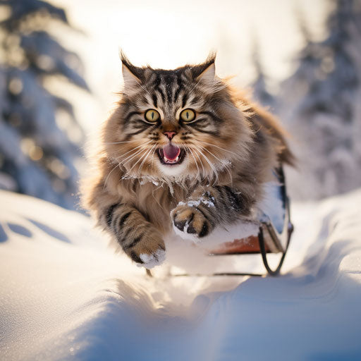 A Siberian cat sleds down a snowy hill