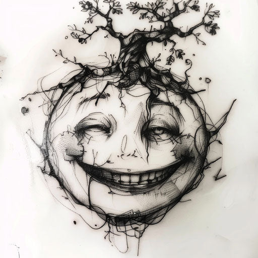 Surrealist smiley tattoo artwork, dream-like imagery, on white