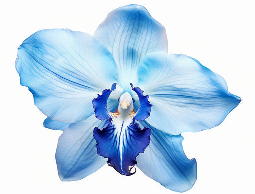 Blue orchid isolated on white background, romantic style, varied technique, 8k resolution
