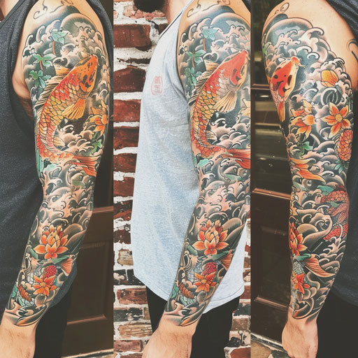 Sleeve tattoo with Japanese koi fish and waves, Ami James style