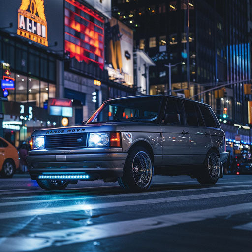 Stylish 1994 Land Rover with lowered suspension and custom LED driving through city at night