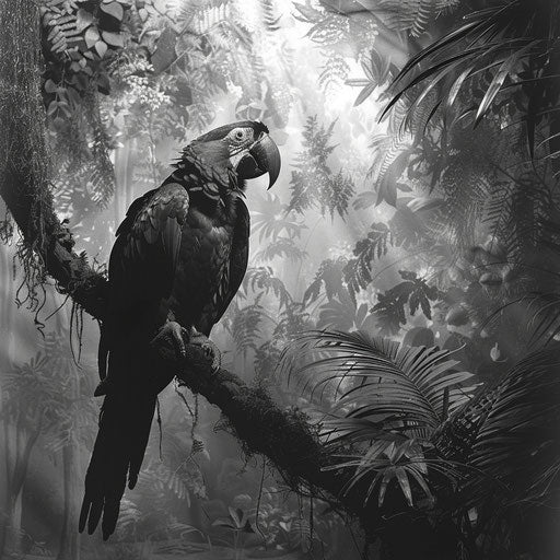 Macaw in a poetic black and white rainforest scene