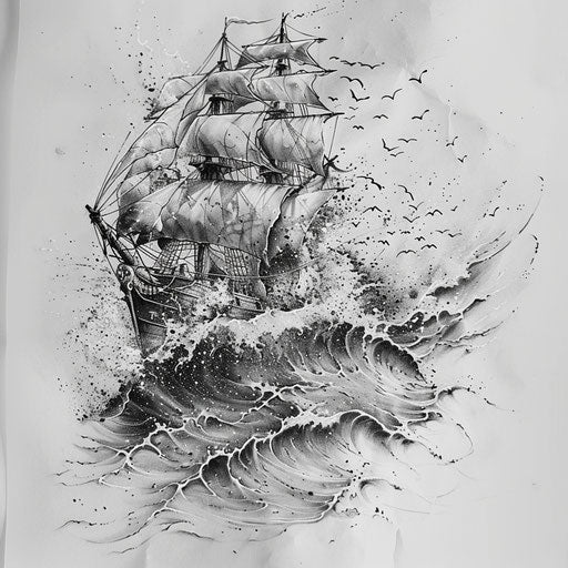 Dynamic splash art tattoo sketch of a ship in high waves