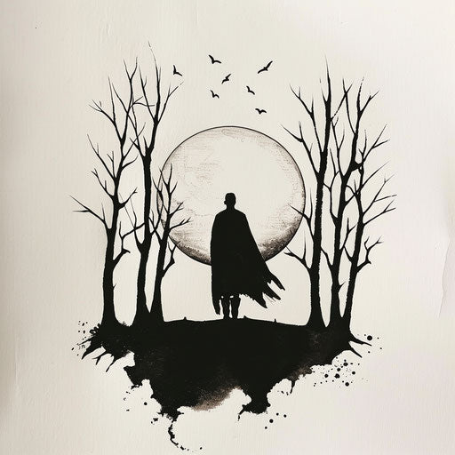 Minimalist vampire silhouette against full moon