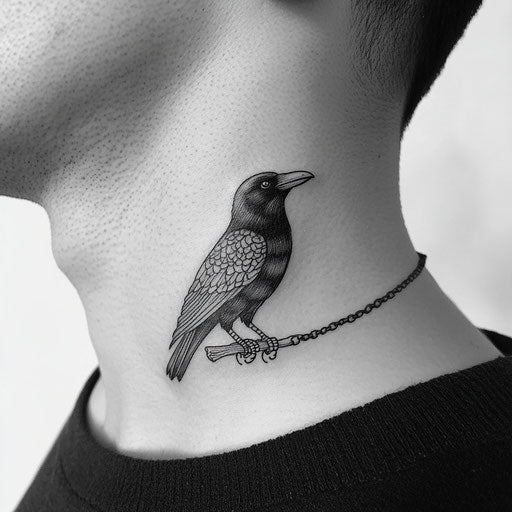 Men's small neck tattoo with black raven on white