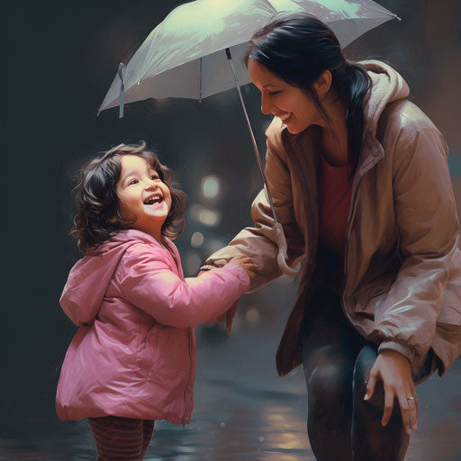 Child and girl on rainy day, light pink and light maroon style, animated exuberance