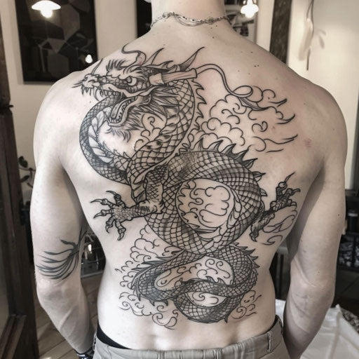 Dragon lower back tattoo, in the style of Guy Aitchison