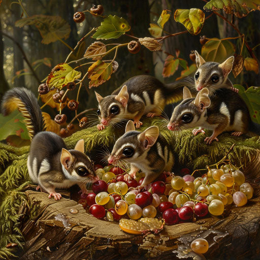 Gathering of sugar gliders around a feast of forest fruits on a moss-covered log