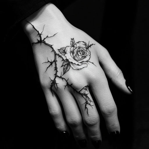 Cool hand tattoos of a delicate rose with thorns