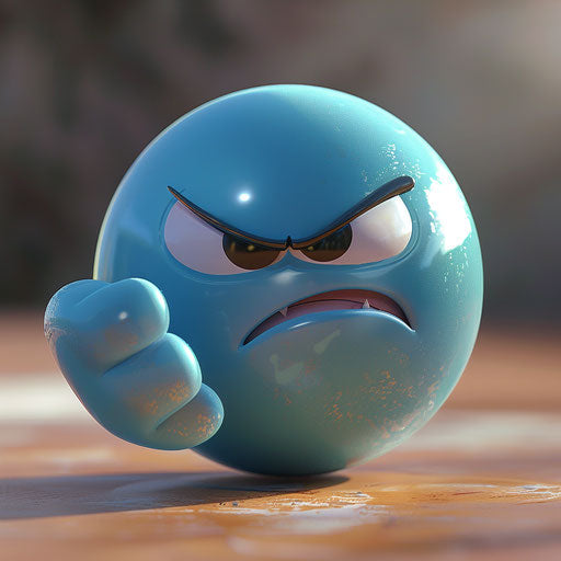 Angry emoticon pointing back in indigo and aquamarine