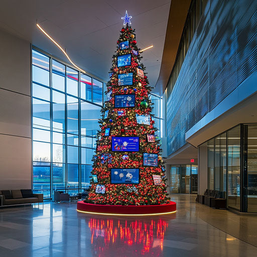 High-tech Christmas tree with digital screens and interactive decorations