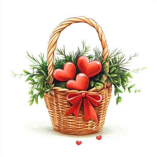 Basket of cute hearts with greenery and ribbon for Valentine's Day