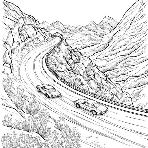 Race car on a winding mountain road, Stephen Wiltshire style, coloring page
