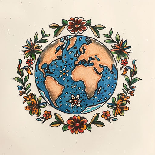 Flat tattoo sketch of Earth in folk art style