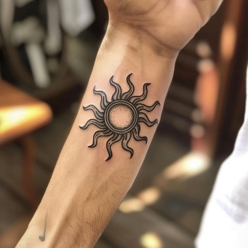 Tribal sun wrist tattoo in the style of Ami James