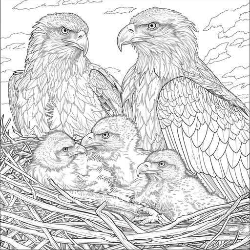 Eagle Family in Nest with Eaglets and Detailed Nest Texture. Coloring Book Page