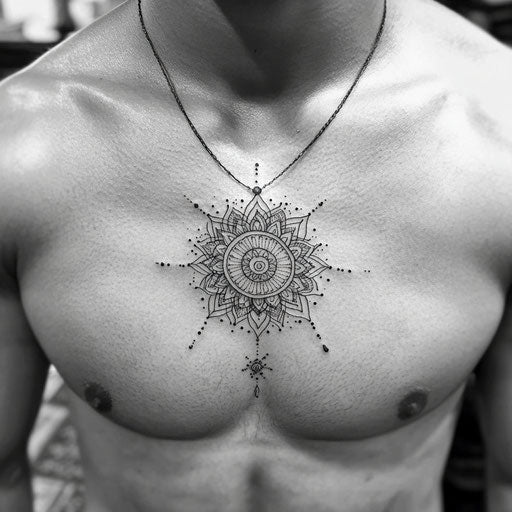 Small chest tattoos for men with mandala designs, in the style of Maria Sibylla Merian