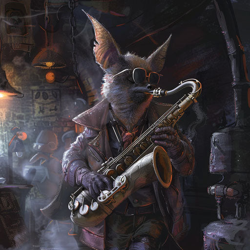 Bat jazz musician playing saxophone in underground club