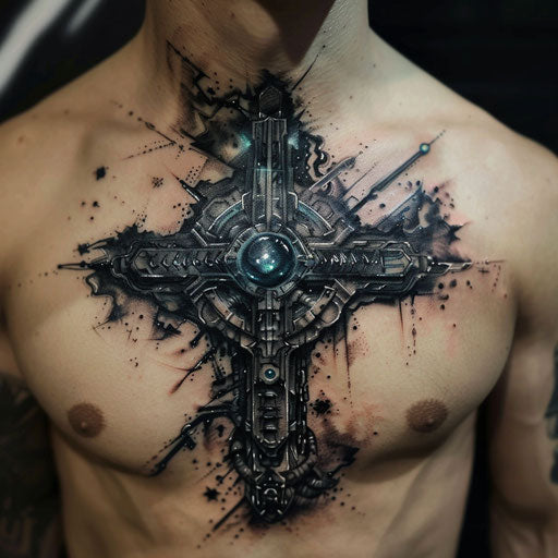 Futuristic cosmic cross tattoo for men