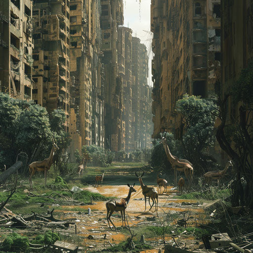 Apocalyptic world with gazelles in abandoned cities