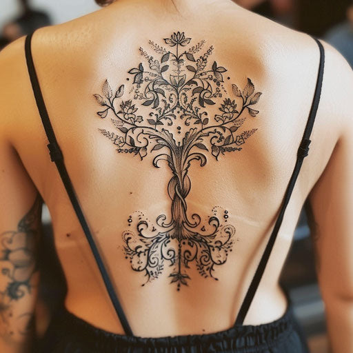 Spiritual tattoos of a tree of life in the style of Maria Sibylla Merian, on the lower back