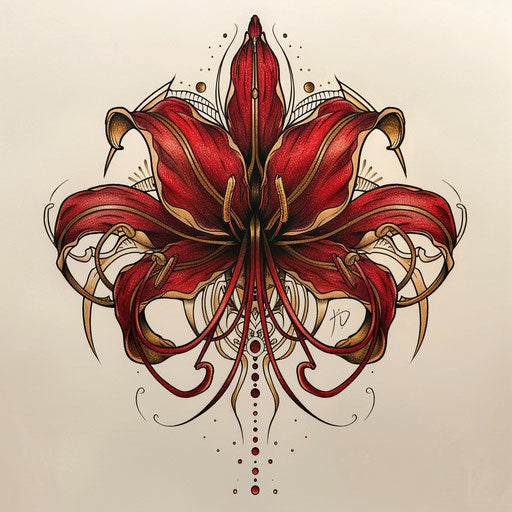 Art deco tattoo sketch: red spider lily with symmetrical designs