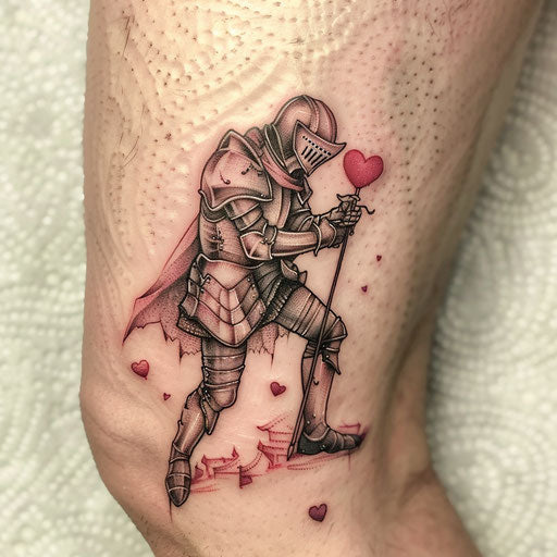 Classic tattoo sketch of a knight on bended knee